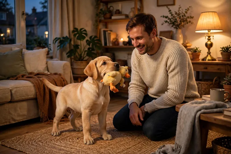 Happy labrador puppy playing gently with its owner in a warmly lit living room in the early evening, calm play that helps a puppy that wakes up at 5am