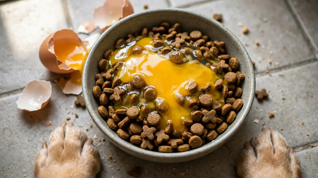 a raw egg cracked over dog food in a bowl, a popular way owners feed raw eggs to dogs