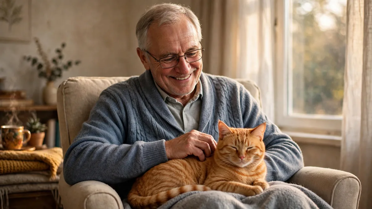 senior man petting his cat at home, showing companionship benefits of pets for older adults