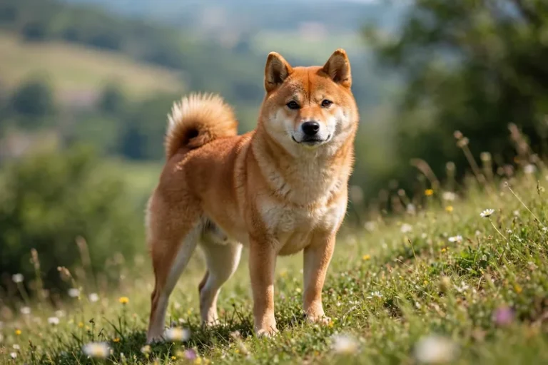 Alert red Shiba Inu standing in a grassy field outdoors during shiba inu recall training
