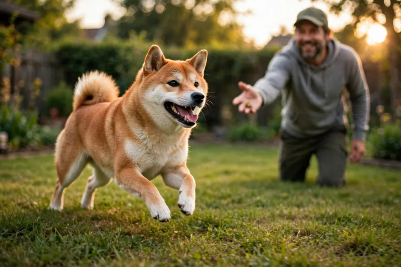 Happy Shiba Inu running toward its owner across a lawn during recall training