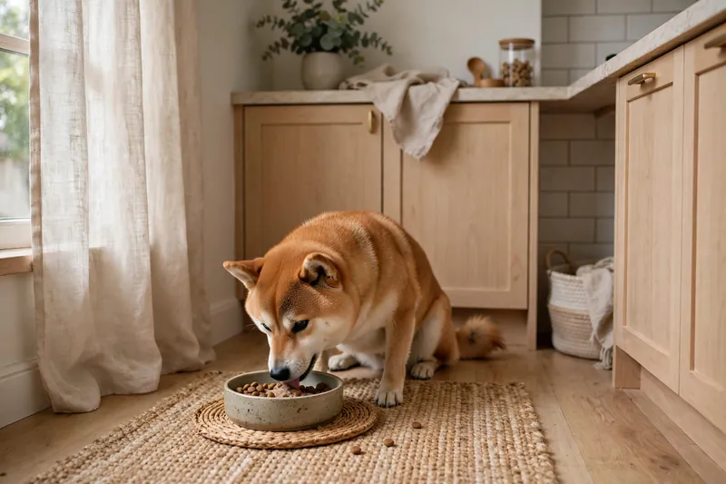Shiba Inu resource guarding prevention: dog eating peacefully from a food bowl in a quiet kitchen corner