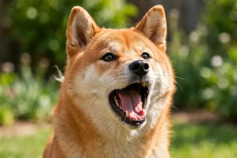 Red Shiba Inu with alert expression and open mouth mid-vocalization, illustrating the famous Shiba Inu scream