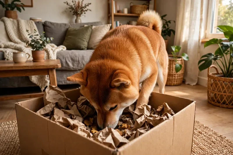 Shiba Inu doing nose work enrichment, sniffing through a cardboard box of crumpled paper for treats, redirecting shiba inu screaming
