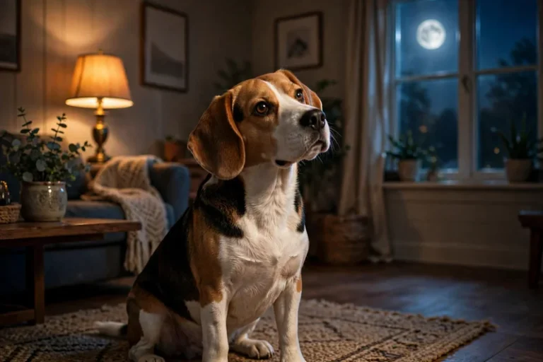 Tricolor Beagle sitting alert at night in a dim living room, moonlight through the window