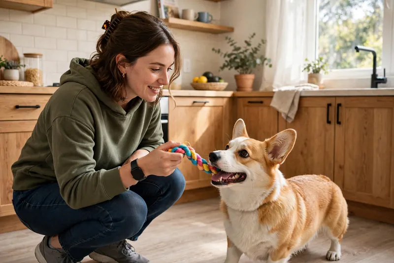 Owner redirecting an excited Corgi with a tug toy in the kitchen to stop corgi nipping ankles
