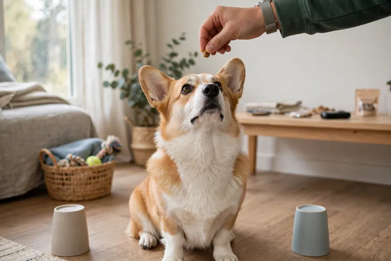 Corgi sitting attentively during impulse-control training to stop corgi nipping ankles
