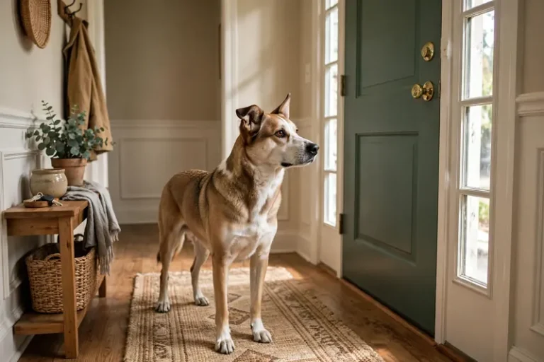 Alert mixed-breed dog standing in a home entryway, ears pricked toward the front door — stop dog barking at doorbell training