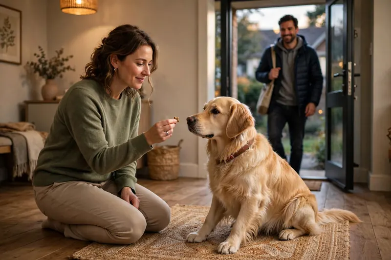 Owner rewarding a calm Golden Retriever on its mat as a guest enters, the final step to stop dog barking at doorbell