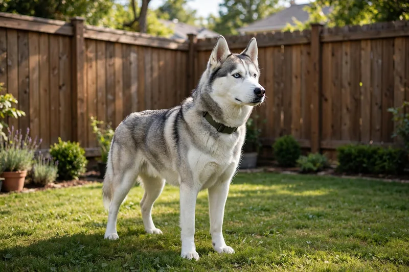 Siberian Husky standing calmly in a secure fenced backyard with a tall wooden fence to stop husky escaping yard