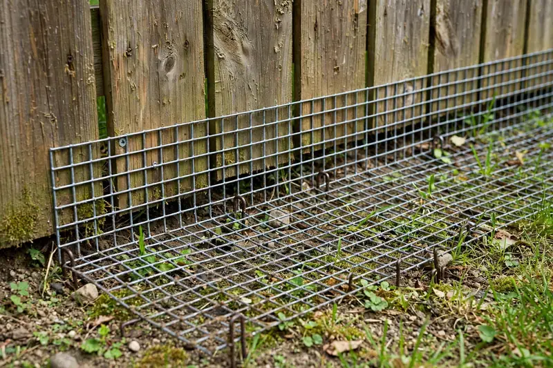 Welded wire mesh dig guard apron along a backyard fence to stop husky escaping yard by digging
