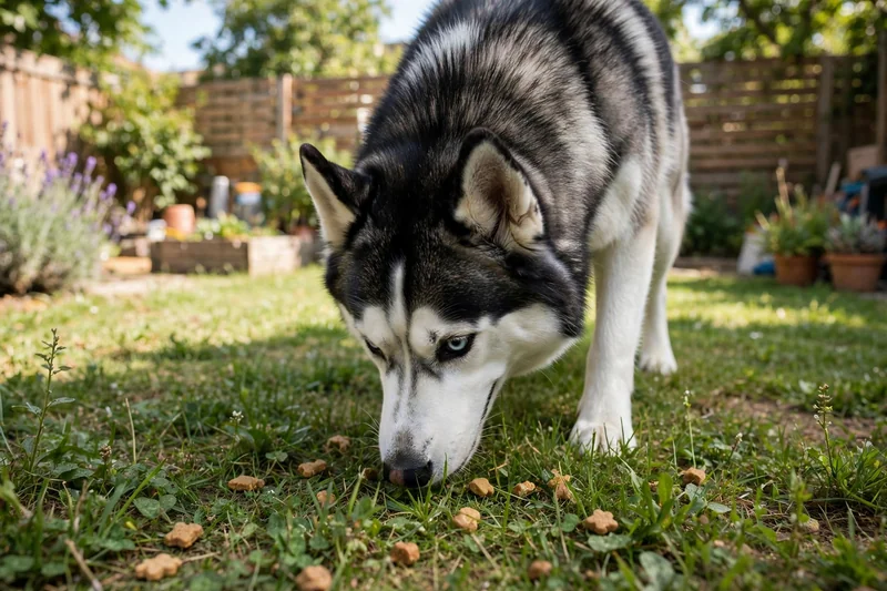 Siberian Husky sniffing scattered treats in the grass during an enrichment game to stop husky escaping yard from boredom