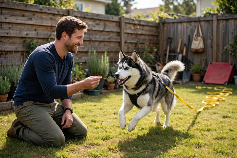 Owner rewarding a Siberian Husky with a treat during recall training on a long line to help stop husky escaping yard