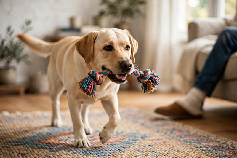 Labrador retriever carrying a rope tug toy to stop labrador mouthing