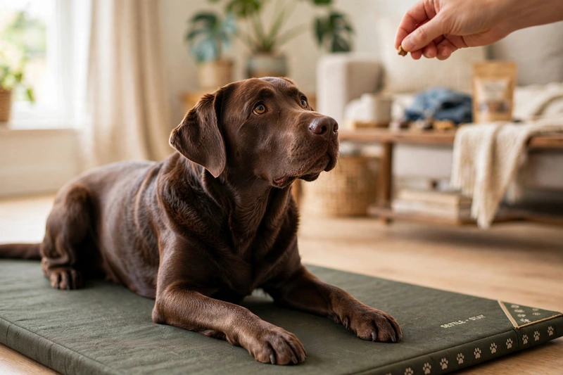 Chocolate Labrador practicing settle training to stop labrador mouthing