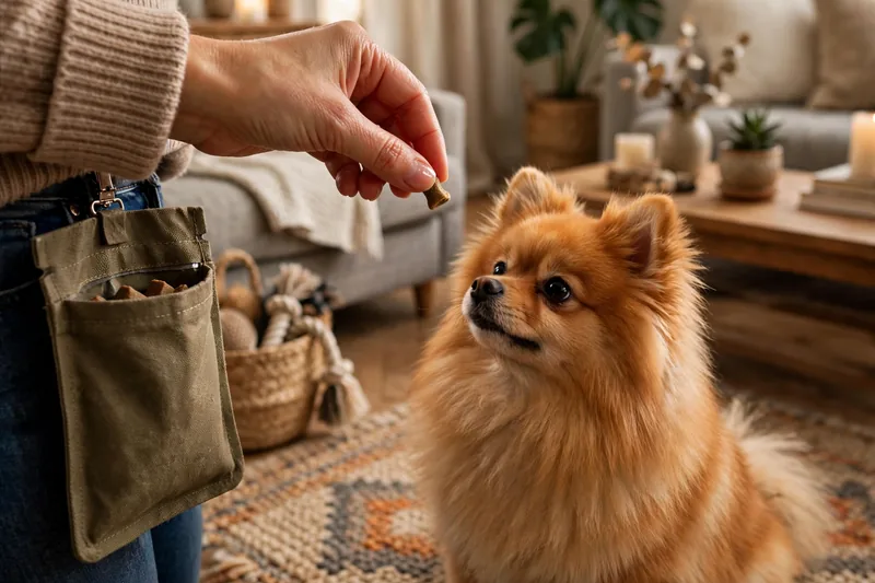 Owner rewarding a calm sitting Pomeranian with a training treat — reward-based training to stop Pomeranian barking
