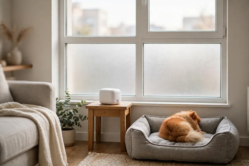 Calm living room with frosted privacy film and white noise machine set up to stop Pomeranian barking, with a Pomeranian resting in a dog bed