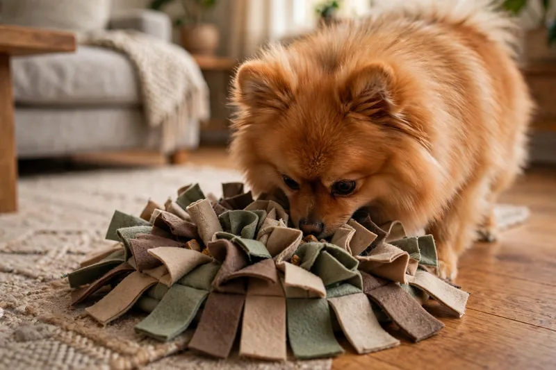 Orange Pomeranian sniffing a snuffle mat enrichment puzzle on the living room floor