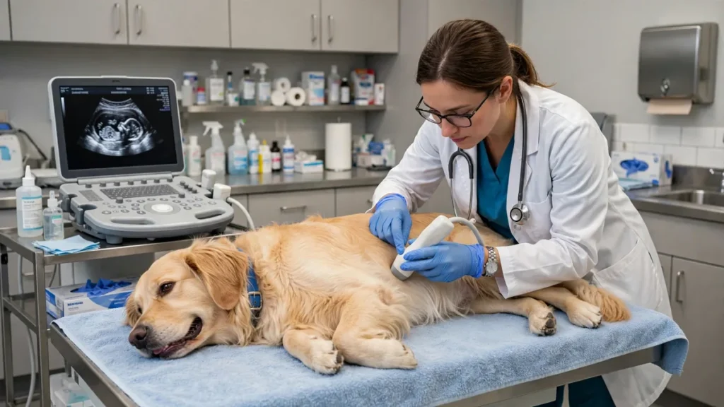 a veterinarian confirming dog pregnancy with an ultrasound scan