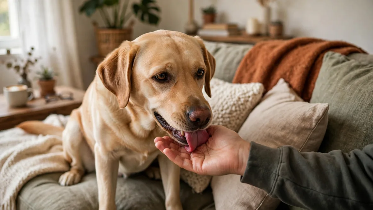 why do dogs lick humans - a dog affectionately licking its owners hand at home